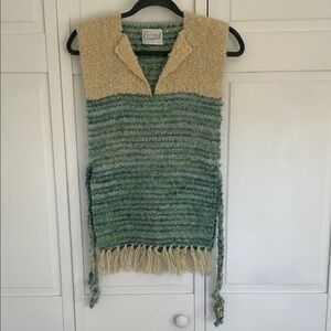 Vintage Green, Blue, and Cream Knit Poncho with Side Ties